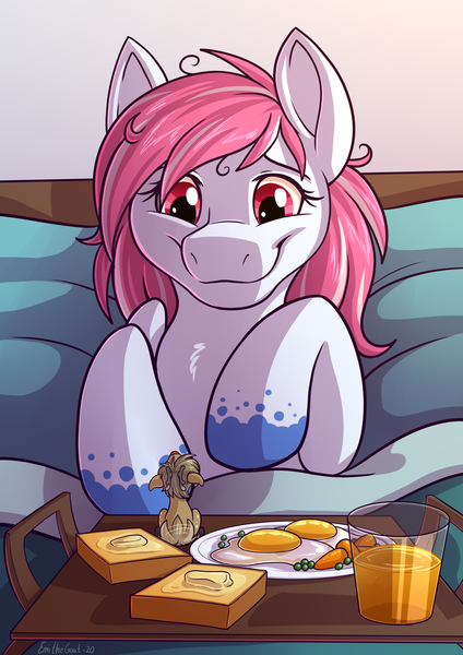 Size: 2894x4093 | Tagged: safe, artist:sugaryviolet, derpibooru import, oc, oc:evening skies, oc:habile, deer, deer pony, original species, pegasus, pony, bed, bed hair, bedroom, blanket, bread, breakfast, breakfast in bed, carrot, chest fluff, couple, deer oc, egg (food), food, giant pony, happy, juice, macro, macro/micro, micro, orange juice, pegasus oc, pillow, raised hoof, shipping, size difference, tail wiggle, toast, wings