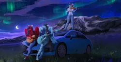 Size: 2339x1200 | Tagged: safe, artist:margony, derpibooru import, octavia melody, oc, anthro, earth pony, pegasus, pony, acoustic guitar, aurora borealis, bow (instrument), car, clothes, commission, converse, crescent moon, grass, guitar, moon, mountain, musical instrument, night, night sky, pants, scenery, shoes, sky, stars, violin