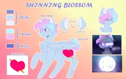 Size: 1933x1222 | Tagged: safe, artist:shinningblossom12, derpibooru import, oc, oc:shining blossom, unofficial characters only, pony, bust, chest fluff, eyes closed, female, full moon, heart, mare, moon, night, pencil, raised hoof, reference sheet, sombra eyes, stars