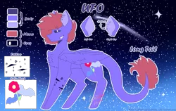 Size: 1933x1222 | Tagged: safe, artist:shinningblossom12, derpibooru import, oc, oc:ufo, unofficial characters only, bat, pegasus, pony, chest fluff, ear piercing, earring, grin, jewelry, leonine tail, male, night, pegasus oc, piercing, reference sheet, shooting star, smiling, solo, stallion, stars, text, wings