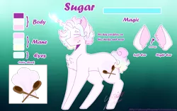 Size: 1933x1222 | Tagged: safe, artist:shinningblossom12, derpibooru import, oc, oc:sugar, unofficial characters only, pony, unicorn, chest fluff, ears, glowing horn, gradient background, grin, horn, male, smiling, solo, stallion, text, unicorn oc