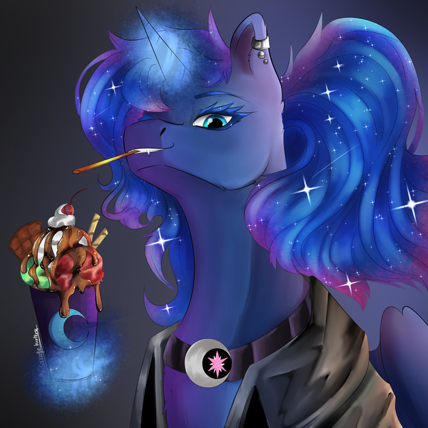 Size: 1500x1500 | Tagged: safe, artist:wej555, derpibooru import, princess luna, alicorn, pony, choker, clothes, ear piercing, earring, ethereal mane, fangs, female, food, glowing horn, horn, ice cream, implied lesbian, implied shipping, implied twiluna, jacket, jewelry, leather jacket, magic, mare, piercing, smiling, solo, starry mane, telekinesis