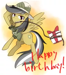 Size: 3422x3875 | Tagged: safe, artist:akainu_pony, derpibooru import, daring do, pegasus, birthday, digital art, flying, present, solo