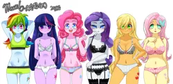 Size: 2000x966 | Tagged: suggestive, artist:zakro, artist:zkr_0307vn, derpibooru import, applejack, fluttershy, pinkie pie, rainbow dash, rarity, sci-twi, twilight sparkle, bat pony, equestria girls, armpits, bedroom eyes, belly button, big breasts, black underwear, blue underwear, blushing, boyshorts, bra, breasts, bust chart, busty applejack, busty fluttershy, busty rarity, cleavage, clothes, colored skin, crop top bra, cutie mark, cutie mark on equestria girl, delicious flat chest, digital art, female, females only, flutterbat, freckles, frilly underwear, garter belt, green underwear, heart, heart eyes, heart print underwear, humane five, humane six, line-up, lingerie, looking at you, looking away, loose hair, mane six, panties, pink underwear, pixiv, race swap, rainbow flat, raripanty, reasonably sized breasts, ribbon, shorts, simple background, small breasts, smiling, socks, sports bra, stockings, thigh gap, thigh highs, underwear, wingding eyes