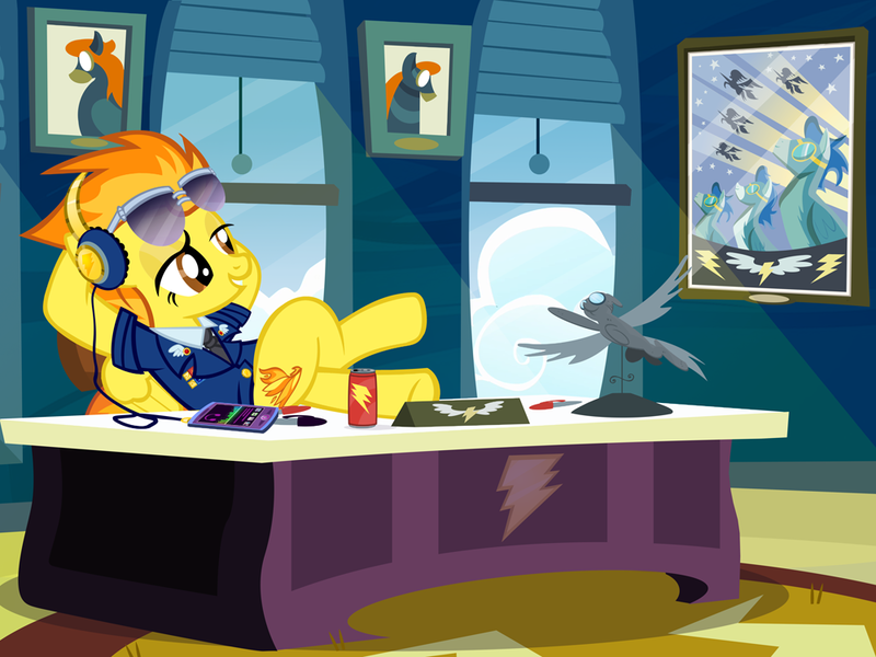 Size: 1000x750 | Tagged: artist:pixelkitties, clothes, derpibooru import, headphones, ipad, kelly metzger, pixelkitties' brilliant autograph media artwork, safe, spitfire, uniform