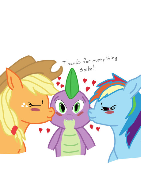 Size: 783x1021 | Tagged: applejack, applespike, applespikedash, bisexual, blushing, derpibooru import, female, heart, kissing, kiss on the cheek, kiss sandwich, lesbian, love, love triangle, male, polyamory, rainbow dash, rainbowspike, safe, shipping, simple background, smiling, spike, straight, white background