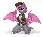 Size: 1500x1275 | Tagged: explicit, artist:flutterthrash, derpibooru import, oc, oc:fruitful melody, unofficial characters only, anthro, bat pony, bat pony oc, bat wings, bedroom eyes, bottomless, breasts, clothes, female, flat cap, hat, image, jacket, kneeling, looking at you, nudity, partial nudity, png, smiling, solo, solo female, spread wings, vulva, wings