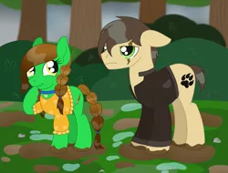 Size: 2219x1685 | Tagged: safe, artist:dyonys, derpibooru import, oc, oc:lucky brush, oc:night chaser, earth pony, pony, blouse, choker, clothes, female, freckles, husband and wife, jacket, laughing, male, mare, mud, scar, show accurate, stallion, wet