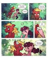 Size: 1600x2000 | Tagged: safe, artist:camaleao, derpibooru import, big macintosh, sugar belle, earth pony, pony, unicorn, blushing, comic, couple, cute, dialogue, female, flower, flower in hair, male, on back, shipping, straight, sugarmac, text