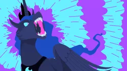 Size: 2000x1125 | Tagged: safe, artist:dipledapper, derpibooru import, princess luna, alicorn, pony, abstract background, angry, cheek fluff, colored sclera, ear fluff, fangs, female, glare, glowing eyes, mare, nightmare luna, rage, roar, solo, spread wings, traditional royal canterlot voice, uvula, wings