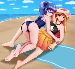 Size: 2400x2200 | Tagged: suggestive, artist:focusb, derpibooru import, sci-twi, sunset shimmer, twilight sparkle, equestria girls, ass, barefoot, butt, clothes, feet, female, human coloration, legs, lesbian, sarong, scitwishimmer, shipping, soles, sunsetsparkle, swimsuit, thighs, toes, twibutt