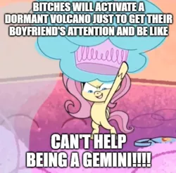 Size: 486x479 | Tagged: bipedal, can't help being a gemini, caption, cropped, derpibooru import, discord's peak, edit, edited screencap, female, fluttershy, image macro, implied discoshy, implied shipping, implied straight, meme, mt. volcanope, my little pony: pony life, safe, screencap, solo, spoiler:pony life s01e14, text, vulgar