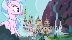 Size: 3840x2160 | Tagged: safe, artist:dashiesparkle, derpibooru import, silverstream, classical hippogriff, hippogriff, pony, canterlot, canterlot castle, female, giant griffon, giant pony, giant/macro hippogriff, giga giant, gigastream, jewelry, macro, necklace, sitting, vector