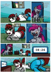 Size: 2523x3570 | Tagged: safe, artist:khaki-cap, derpibooru import, oc, oc:khaki-cap, oc:zjin-wolfwalker, earth pony, zebra, comic:comically different mishaps, boxers, butt, clock, clothes, commissioner:buffaloman20, dock, earth pony oc, extra thicc, house, jeans, jean thicc, mocking, pants, plot, presenting, struggle, thicc ass, thiccccc, thicccccccccc, underwear, zebra oc