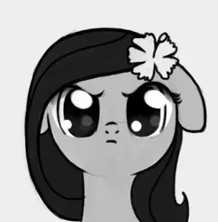 Size: 356x362 | Tagged: safe, artist:nimaru, derpibooru import, oc, oc:luau, earth pony, pony, angry, bust, cute, female, floppy ears, flower, flower in hair, frown, glare, looking at you, madorable, mare, monochrome, ocbetes, simple background, solo, white background