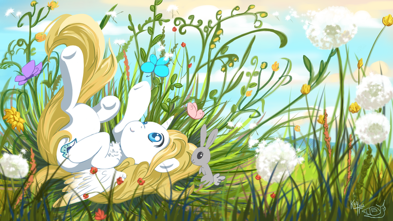 Size: 4000x2249 | Tagged: alicorn, animal, artist:kchche, butterfly, complex background, cute, derpibooru import, flower, fluffy, grass, lying down, oc, oc:sweetie shy, on back, peaceful, pony oc, rabbit, safe, smiling, summer, wings, wings down