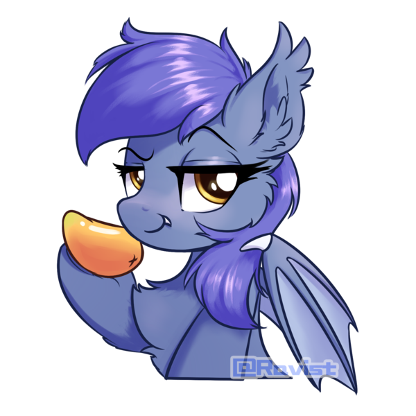 Size: 1500x1500 | Tagged: safe, artist:ravistdash, derpibooru import, oc, unofficial characters only, bat pony, pony, cheek fluff, ear fluff, food, looking at you, mango, simple background, smiling, smirk, solo, transparent background, underhoof, watermark