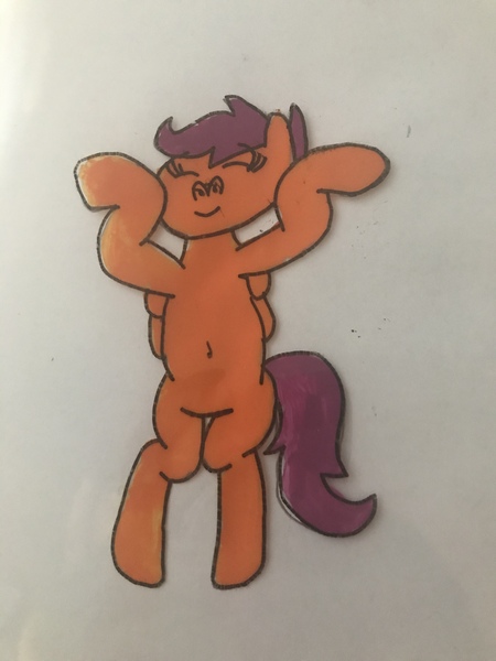 Size: 3024x4032 | Tagged: animation cel, artist:whistle blossom, belly button, caramelldansen, cute, cutealoo, derpibooru import, eyes closed, female, filly, foal, pegasus, safe, scootaloo, semi-anthro, simple background, smiling, solo, standing, white background