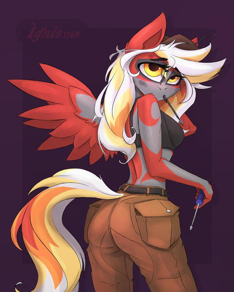 Size: 4469x5580 | Tagged: anthro, artist:ignis, breasts, clothes, derpibooru import, mechanic, oc, oc:ember, pants, pegasus, simple background, solo, suggestive, two-tone coat, unofficial characters only