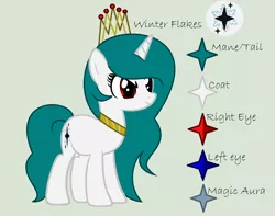 Size: 2288x1804 | Tagged: safe, artist:lominicinfinity, derpibooru import, oc, oc:winter flakes, pony, unicorn, crown, female, jewelry, mare, reference sheet, regalia, simple background, solo