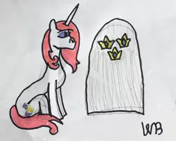 Size: 1280x1025 | Tagged: safe, artist:whistle blossom, banned from derpibooru, deleted from derpibooru, derpibooru import, part of a set, fleur-de-lis, pony, unicorn, cutie mark, death, eyes closed, female, gravestone, image, implied fancypants, jesús barrero, jpeg, mare, marker drawing, sad, signature, simple background, sitting, solo, traditional art, white background