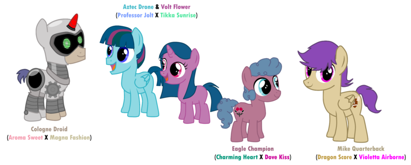 Size: 5429x2175 | Tagged: safe, artist:shadymeadow, derpibooru import, oc, oc:aztec drone, oc:cologne droid, oc:eagle champion, oc:mike quarterback, oc:volt flower, unofficial characters only, earth pony, pegasus, pony, unicorn, colt, female, filly, male, simple background, transparent background