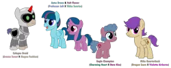 Size: 5429x2175 | Tagged: safe, artist:shadymeadow, derpibooru import, oc, oc:aztec drone, oc:cologne droid, oc:eagle champion, oc:mike quarterback, oc:volt flower, unofficial characters only, earth pony, pegasus, pony, unicorn, colt, female, filly, male, simple background, transparent background