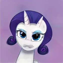 Size: 1024x1024 | Tagged: safe, artist:thisponydoesnotexist, derpibooru import, machine learning generated, oc, unofficial characters only, bicorn, pony, unicorn, artificial intelligence, bedroom eyes, eyeshadow, female, horn, image, jpeg, lip bite, makeup, mare, multiple horns, neural network, not rarity, purple background, simple background, solo