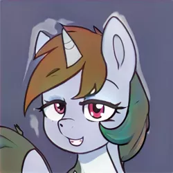 Size: 1024x1024 | Tagged: safe, artist:thisponydoesnotexist, derpibooru import, machine learning generated, oc, alicorn, pony, alicorn oc, artificial intelligence, bedroom eyes, blue background, female, grin, horn, image, jpeg, mare, multicolored hair, neural network, rainbow hair, simple background, smiling, solo, wings