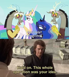 Size: 1574x1756 | Tagged: safe, derpibooru import, edit, edited screencap, screencap, discord, princess celestia, princess luna, alicorn, draconequus, pony, the ending of the end, anakin skywalker, caption, clone, comic, cute, discute, drama, droid, ethereal mane, female, image macro, male, mare, obi-wan kenobi, puppy dog eyes, revenge of the sith, screencap comic, smuglestia, star wars, star wars: revenge of the sith, text