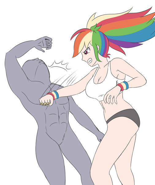 Size: 2460x2923 | Tagged: safe, artist:sumin6301, derpibooru import, edit, editor:michaelsety, rainbow dash, human, equestria girls, abs, anonymous, belly button, breasts, busty rainbow dash, human coloration, humanized, looking at you, punch, simple background, white background