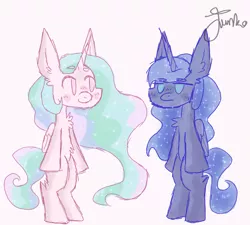 Size: 1000x900 | Tagged: safe, artist:junko, derpibooru import, princess celestia, princess luna, alicorn, pony, beanbrows, big ears, bipedal, chest fluff, colored sketch, ear fluff, ethereal mane, eyebrows, female, frown, galaxy mane, mare, royal sisters, signature, simple background, simple shading, sketch, smiling, starry mane