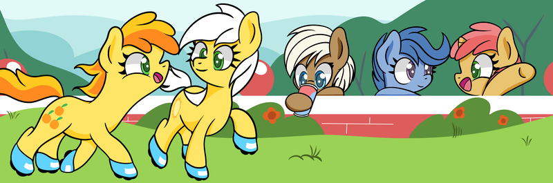 Size: 3256x1080 | Tagged: safe, artist:dinkyuniverse, derpibooru import, archer (character), firelock, lickety split, peachy pie, scootablue, sunny daze, earth pony, pony, unicorn, bush, excited, female, field, filly, flower, foal, happy, playing, roller skates, summer