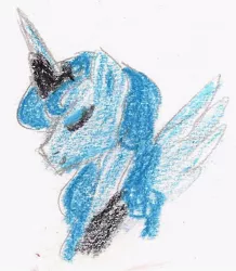 Size: 554x636 | Tagged: alicorn, artist:wrath-marionphauna, crayon drawing, crown, derpibooru import, jewelry, princess luna, regalia, safe, simple background, solo, traditional art