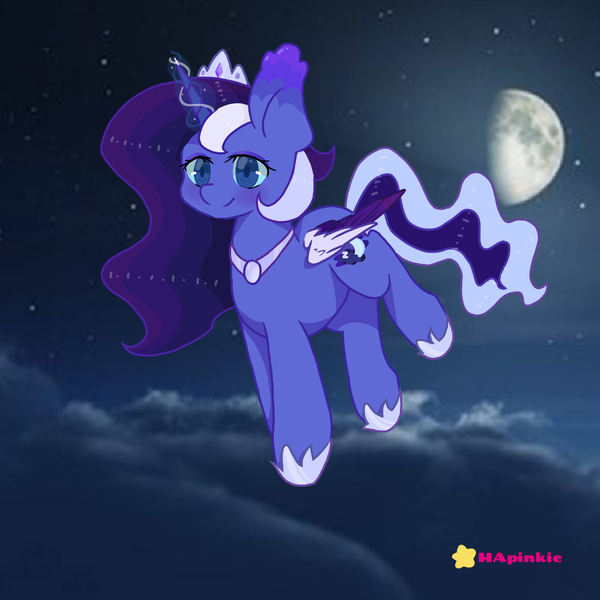 Size: 1080x1080 | Tagged: alicorn, alternate style, artist:hapinkie, cloud, crown, derpibooru import, jewelry, magic, moon, night, princess luna, regalia, safe, solo, younger