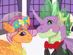 Size: 1280x960 | Tagged: safe, artist:themune, derpibooru import, scootaloo, spike, changedling, changeling, changedlingified, changelingified, female, male, marriage, race swap, scootaling, scootaspike, shipping, species swap, straight, wedding