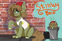 Size: 1500x1000 | Tagged: safe, artist:amethesaladhair, derpibooru import, dishwater slog, earth pony, pony, my little pony: pony life, the best of the worst, spoiler:pony life s01e02, beanie, brick wall, colored hooves, food, hat, male, pizza, sitting, smelly, smiling, solo, stallion, trash can