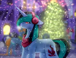 Size: 4724x3622 | Tagged: safe, artist:chrystal_company, derpibooru import, oc, oc:nightmare chrystal, unofficial characters only, pony, unicorn, building, christmas, christmas lights, christmas tree, clothes, earmuffs, holiday, horn, outdoors, scarf, snow, tree, unicorn oc