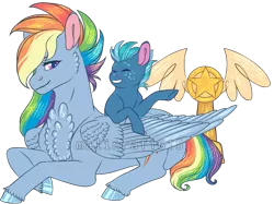 Size: 939x701 | Tagged: safe, artist:malinraf1615, derpibooru import, rainbow dash, smallfry, earth pony, pegasus, pony, my little pony: pony life, the best of the worst, spoiler:pony life s01e02, cheek fluff, chest fluff, colt, duo, female, male, mare, prone, simple background, transparent background, trophy, unshorn fetlocks