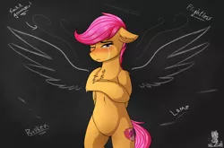Size: 2600x1720 | Tagged: safe, artist:monsoonvisionz, derpibooru import, scootaloo, pegasus, pony, abuse, bipedal, bully, bullying, chalkboard, chest fluff, crying, cutie mark, female, looking at you, sad, scootabuse, solo, the cmc's cutie marks