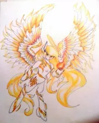 Size: 921x1150 | Tagged: safe, artist:kiwwsplash, derpibooru import, oc, unofficial characters only, pegasus, pony, grin, halo, pegasus oc, pyromancy, smiling, solo, spread wings, tattoo, traditional art, wings