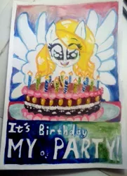 Size: 919x1270 | Tagged: safe, artist:kiwwsplash, derpibooru import, oc, unofficial characters only, pegasus, pony, :d, birthday cake, cake, candle, food, happy birthday, open mouth, pegasus oc, smiling, solo, spread wings, traditional art, wings