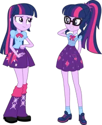 Size: 7773x9548 | Tagged: safe, artist:alandssparkle, derpibooru import, sci-twi, twilight sparkle, twilight sparkle (alicorn), alicorn, equestria girls, arm behind head, clothes, duality, duo, duo female, female, glasses, leg warmers, pleated skirt, self paradox, simple background, skirt, transparent background, twolight, vector