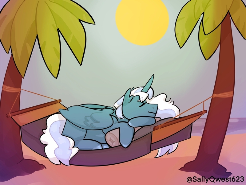 Size: 1280x960 | Tagged: alicorn, alicorn oc, artist:sallyqwest623, derpibooru import, female, hammock, horn, mare, oc, ocean, oc:fleurbelle, palm tree, safe, sleeping, sun, tree, wings