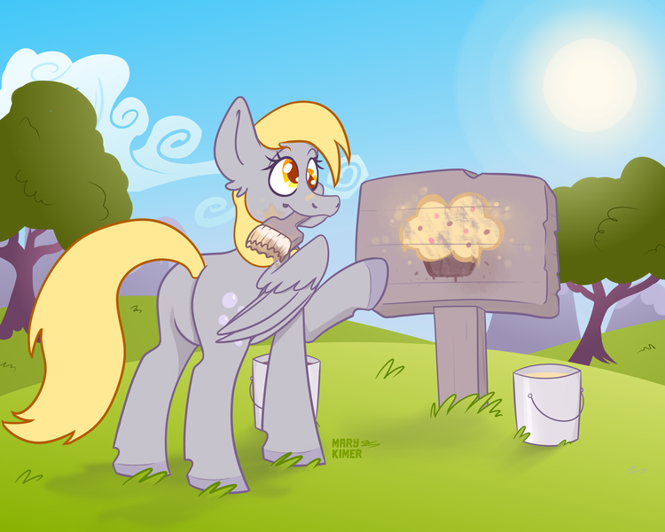 Size: 5000x4000 | Tagged: safe, artist:marykimer, derpibooru import, derpy hooves, pegasus, pony, butt, colored, colored hooves, cutie mark, derp, female, flat colors, food, morning, muffin, outdoors, paint bucket, paint tool sai, paintbrush, painting, plot, simple shading, solo, sun, tree