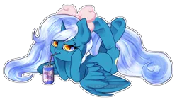 Size: 1548x891 | Tagged: safe, artist:starember, derpibooru import, oc, oc:fleurbelle, alicorn, adorabelle, alicorn oc, bow, cute, drink, drinking, drinking straw, female, hair bow, horn, laying on stomach, mare, wingding eyes, wings