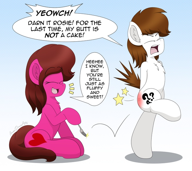 Size: 4700x4200 | Tagged: safe, artist:aarondrawsarts, derpibooru import, oc, oc:brain teaser, oc:rose bloom, earth pony, bipedal, brainbloom, butt, chest fluff, dialogue, earth pony oc, female, fork, laughing, literal butthurt, male, meme, oc x oc, ouch, pain, poking, red butt, shipping, sitting, straight