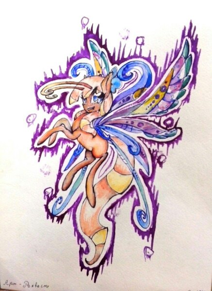 Size: 888x1220 | Tagged: safe, artist:kiwwsplash, derpibooru import, oc, unofficial characters only, breezie, pony, flying, one eye closed, solo, traditional art