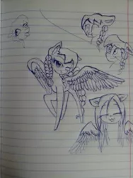 Size: 768x1024 | Tagged: safe, artist:kiwwsplash, derpibooru import, oc, unofficial characters only, pegasus, pony, braid, braided tail, bust, derp, eyes closed, lineart, lined paper, one eye closed, pegasus oc, raised hoof, smiling, wings, wink