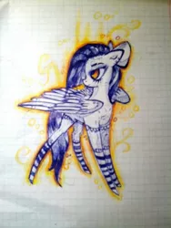 Size: 960x1280 | Tagged: safe, artist:kiwwsplash, derpibooru import, oc, unofficial characters only, pegasus, pony, bow, clothes, hair bow, lined paper, looking back, pegasus oc, socks, solo, striped socks, traditional art, wings